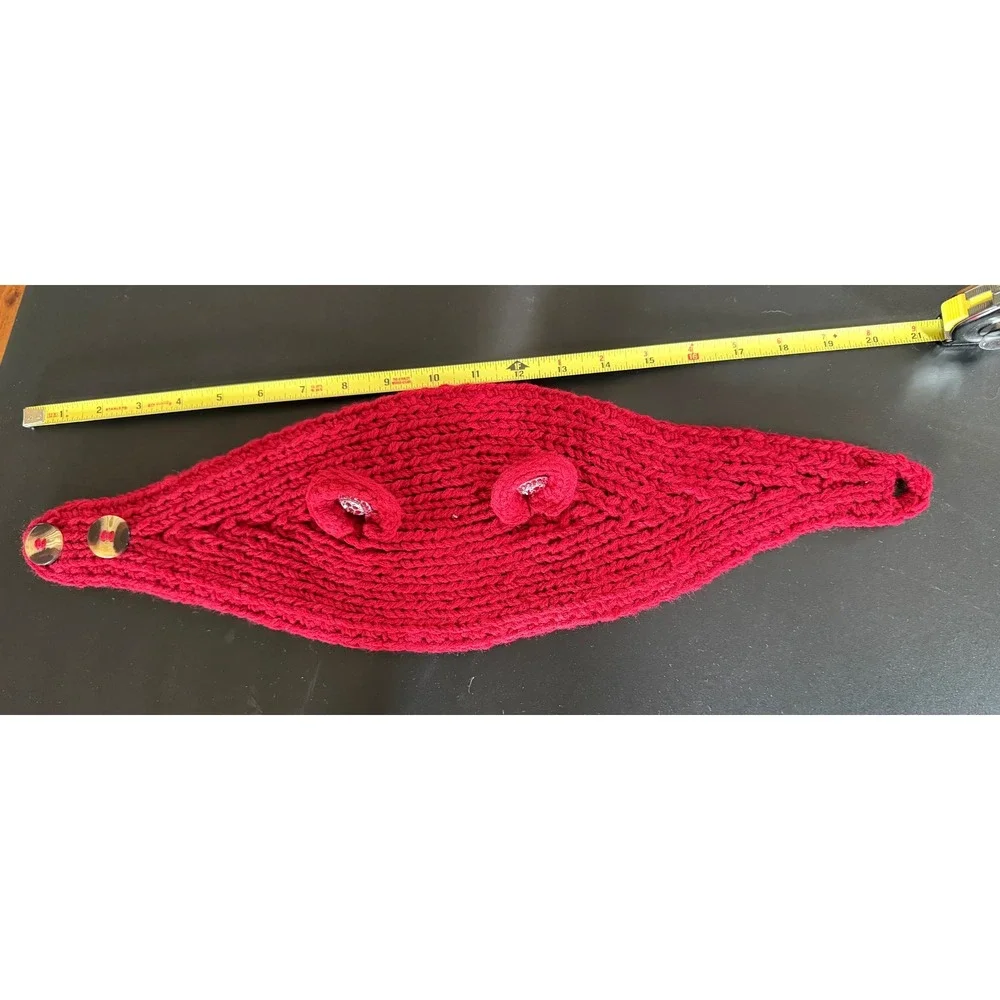 Burgundy Chunky Knit Ear Warmer Headband Rhinestone Accents Button Closure